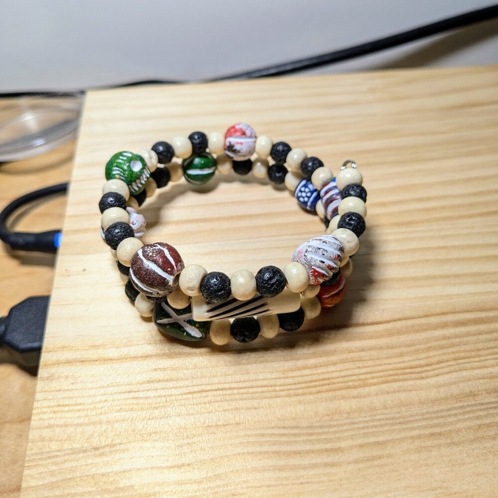 Bone, Terracotta, and Lava Stone Beaded Memory Wire Layer Bracelet